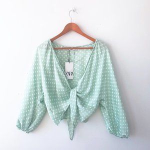 NWT Zara mint polka dot tie front blouse